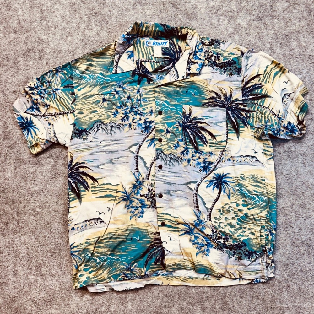 Vintage Utility Hawaiian Shirt Men's‎ Size XL Blue Yellow Tropical Rayon